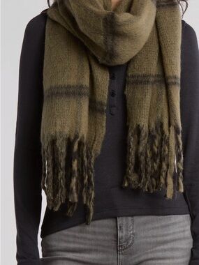 Allsaints Oversized Plaid Check Green Wool Blend Winter Scarf